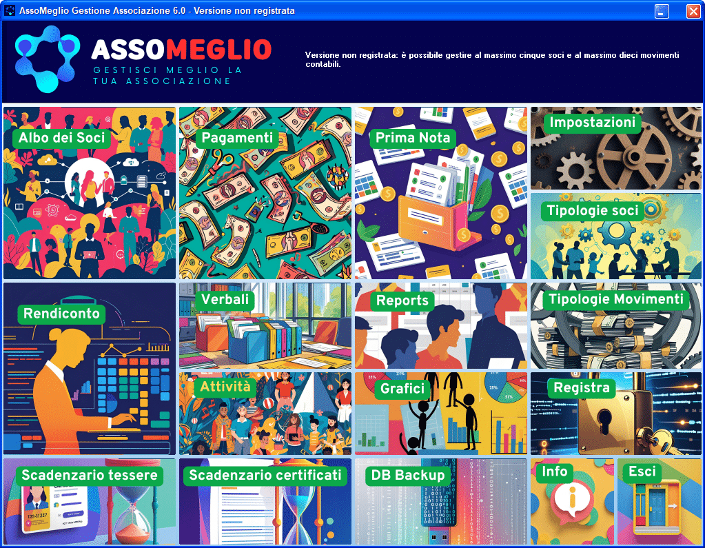 Schermata principale del software gestione associazione AssoMeglio